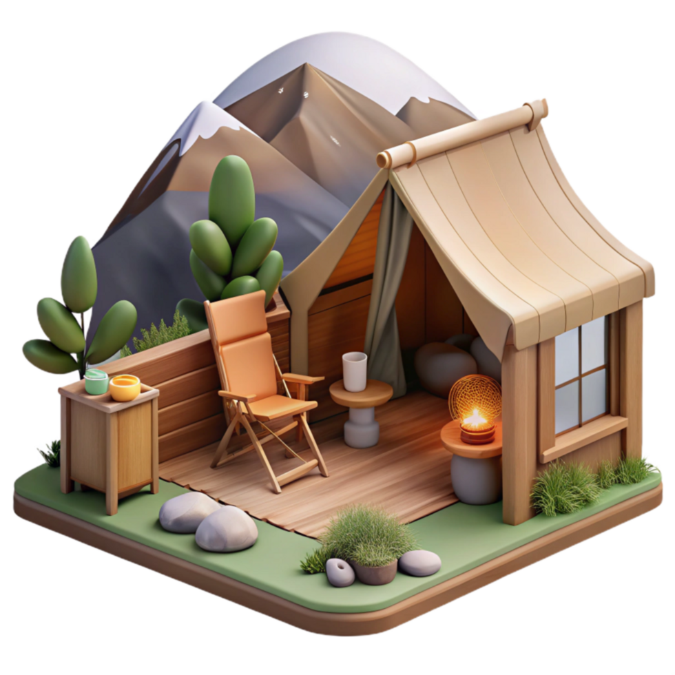 Relaxing Mountain Camping Scene 3D Render png