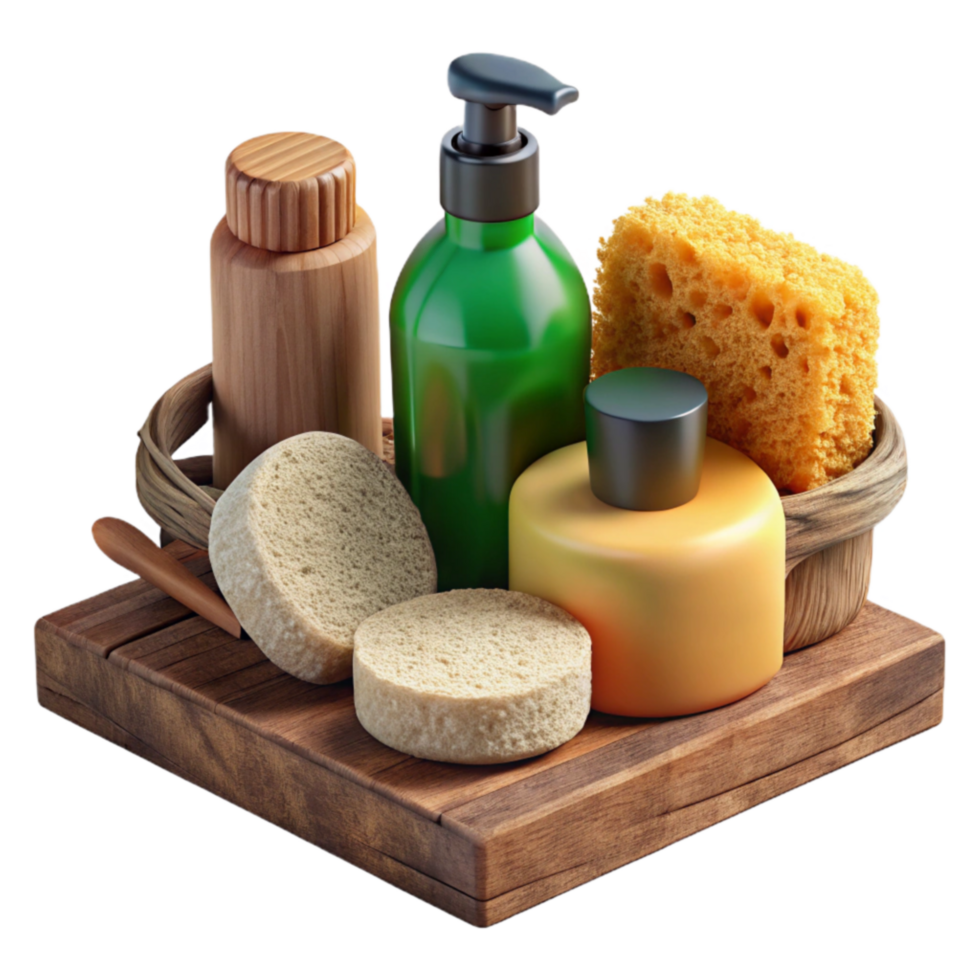 Wooden Bath Tray with Sponges, Bottles, and Dispenser png