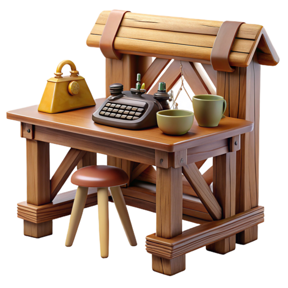 Rustic Wooden Desk with Typewriter and Accessories png
