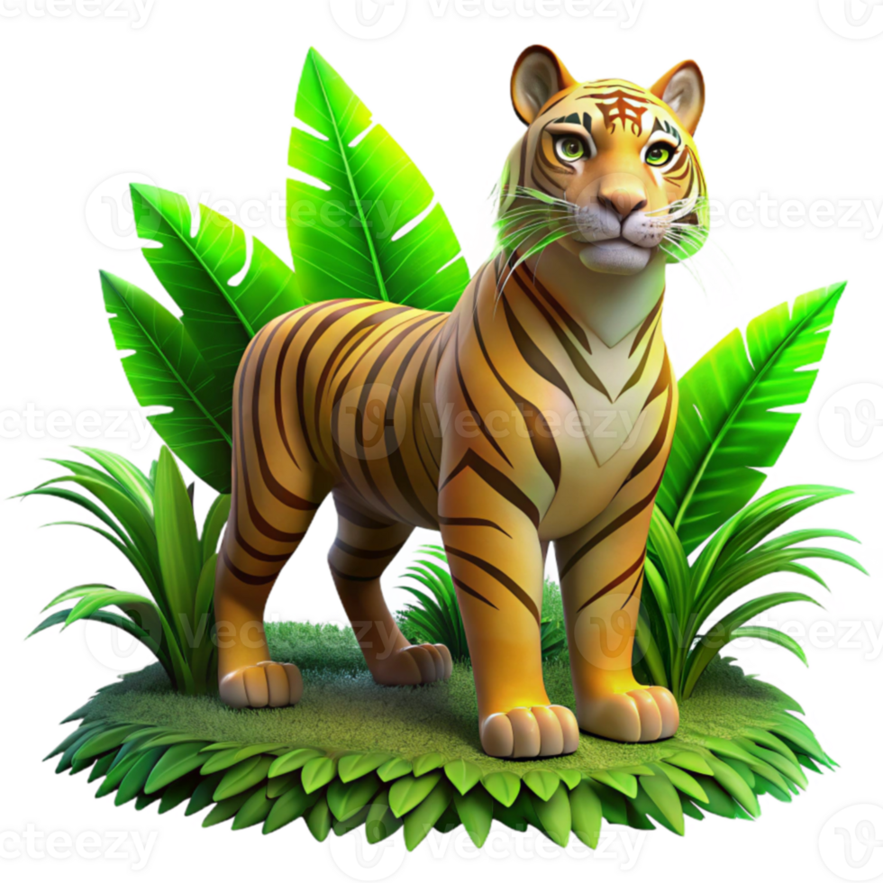 dramatic contemporary 3D Cartoon Tiger in Lush Jungle professional png