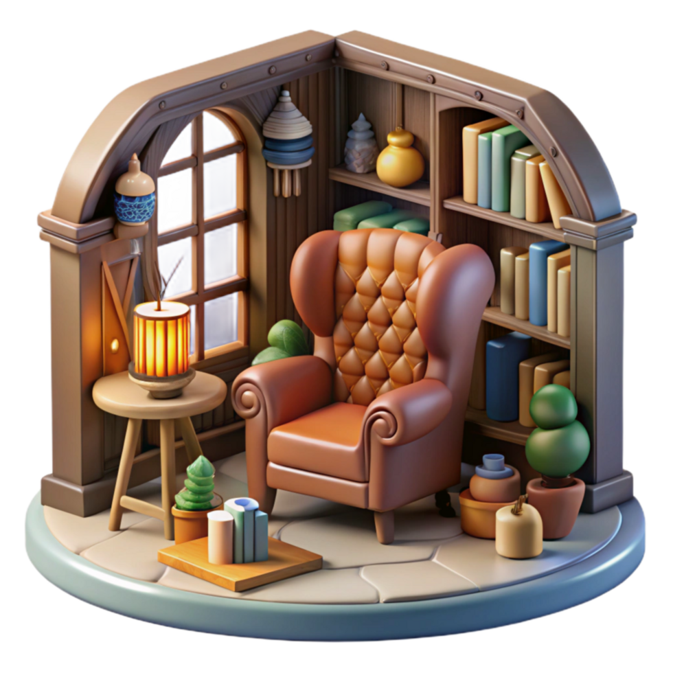 Cozy Reading Nook 3D Render of Armchair, Bookshelf, and Lamp png