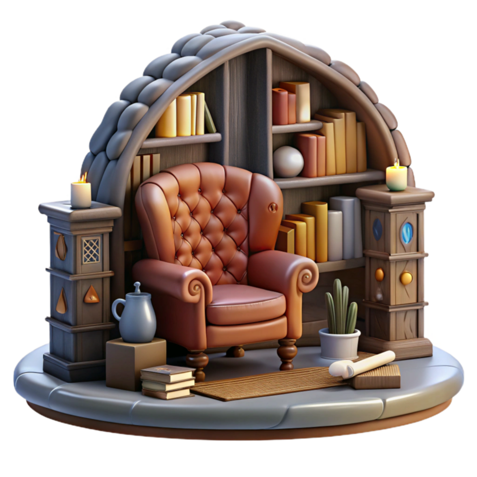 Cozy Reading Nook Armchair, Bookshelves, and Candles png