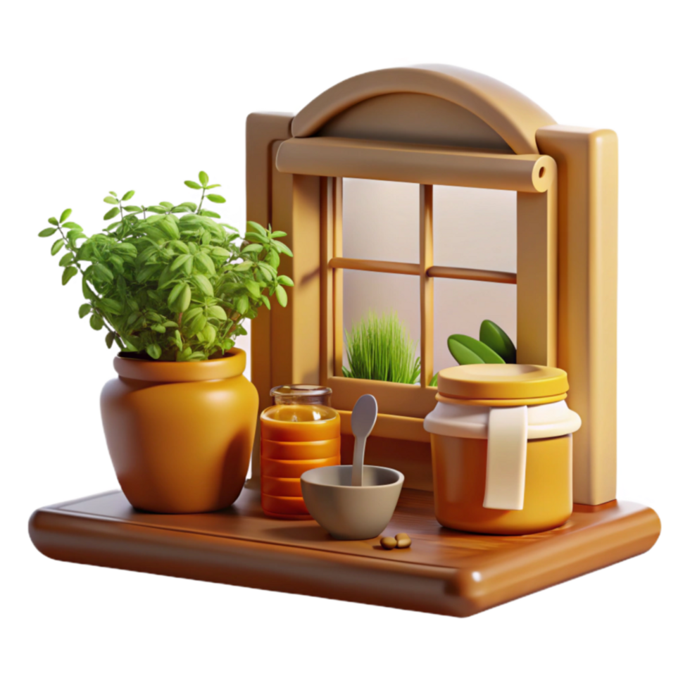 Cozy Windowsill Still Life Herbs, Honey, and Candlelight png