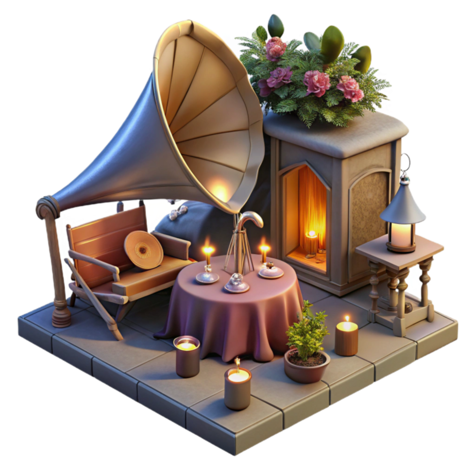 Cozy Fireplace Gramophone Evening png