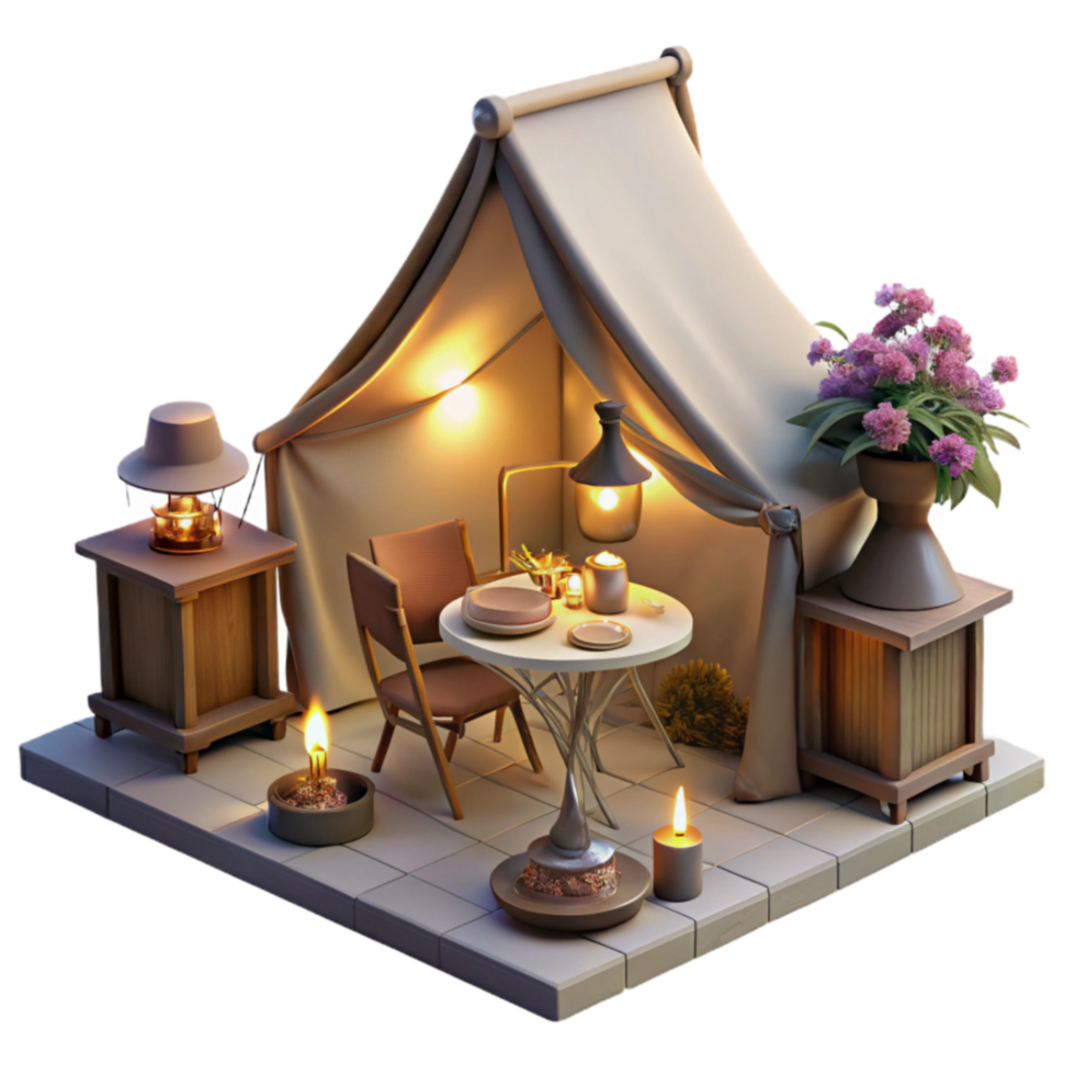 Romantic Camping Scene Illuminated Tent with Cozy Table Setting png