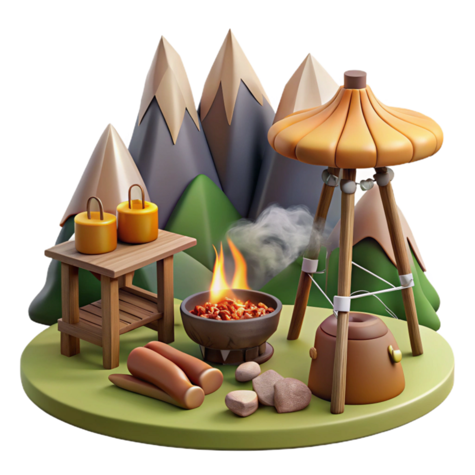 Campfire Cooking Mountaintop 3D Render png