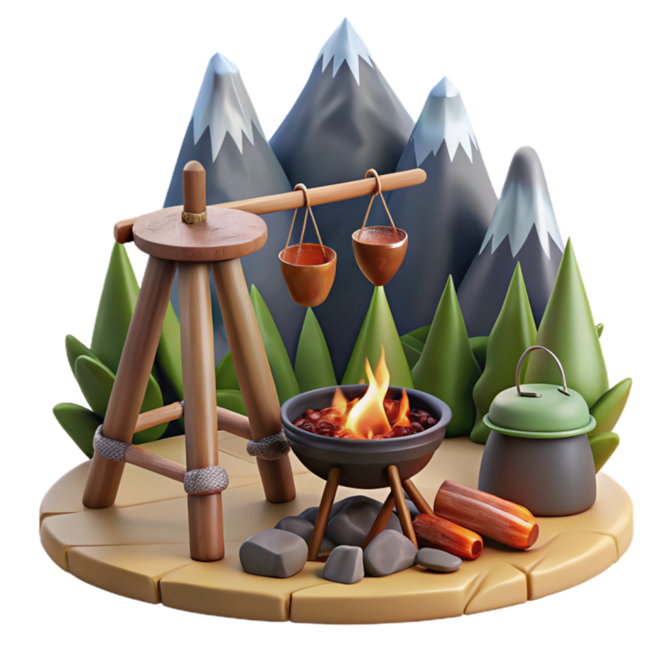 Campfire Cooking in the Mountains A 3D Render png