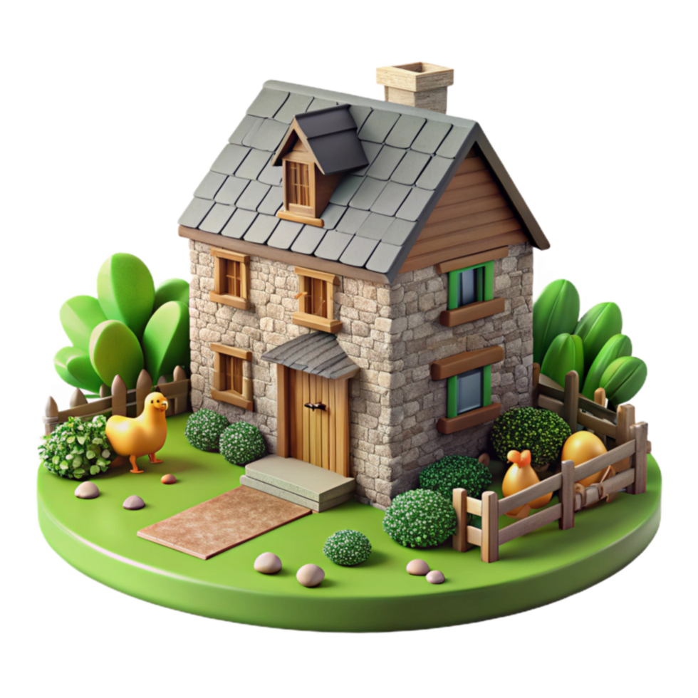 Charming Stone Cottage 3D Model Farm Scene with Ducks png