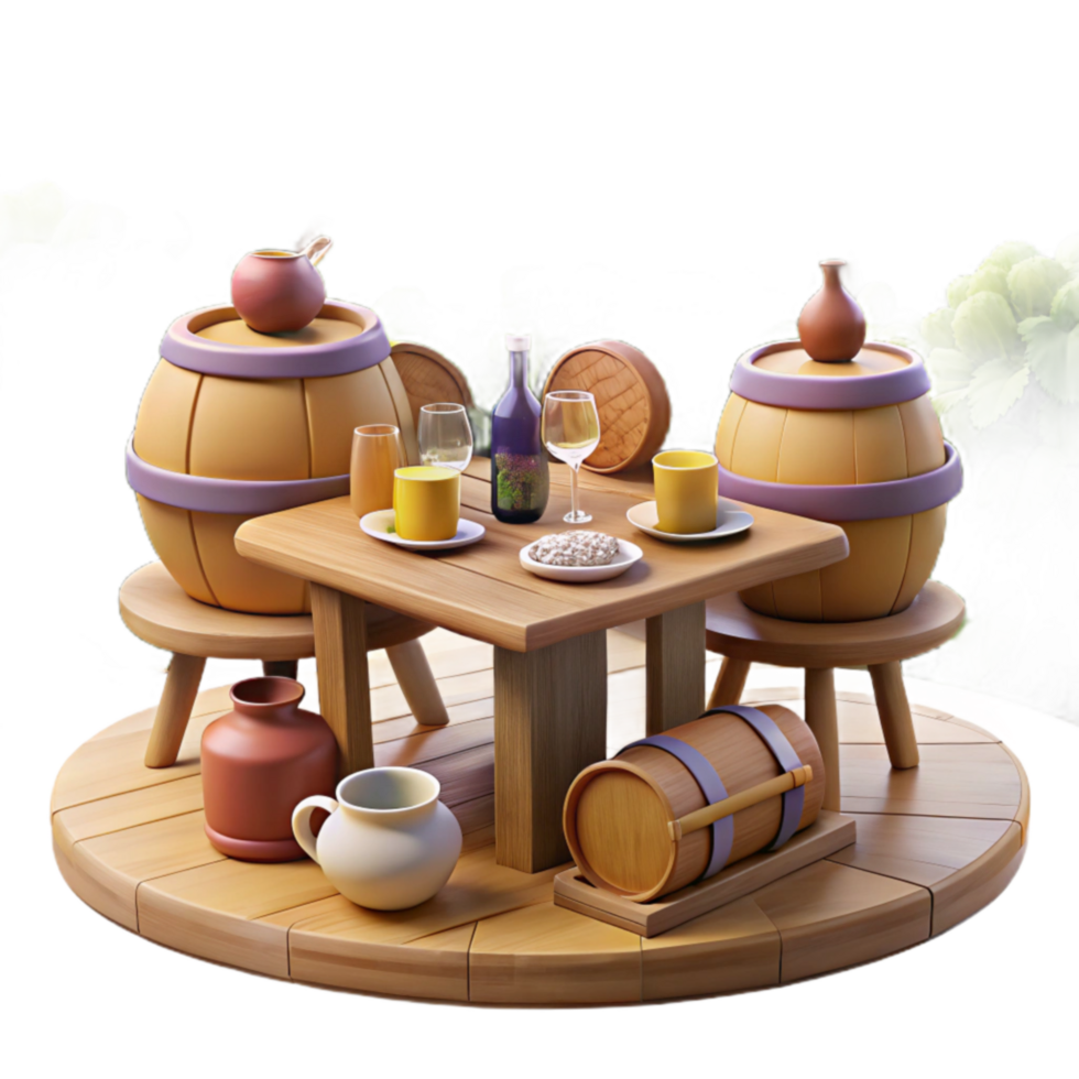 Wooden Barrels, Table, Drinks Rustic Tavern Scene png