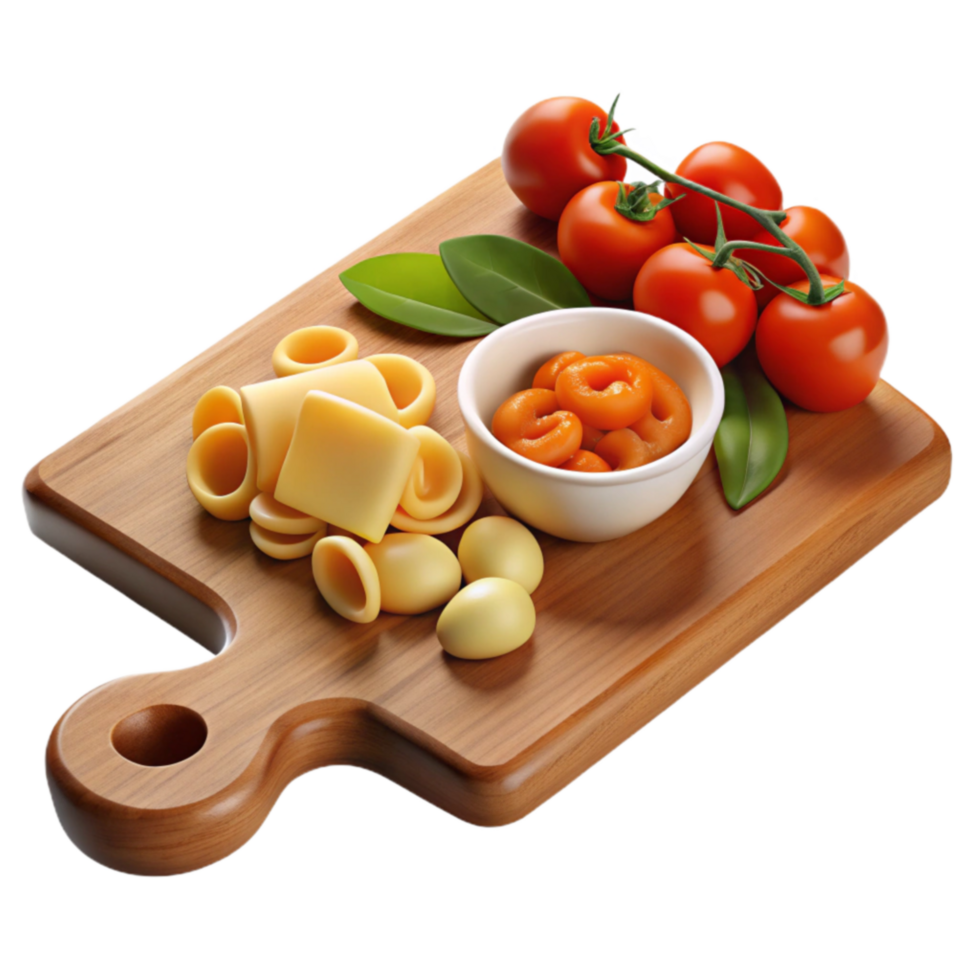 Pasta, Tomatoes, and Apricots on a Wooden Board png