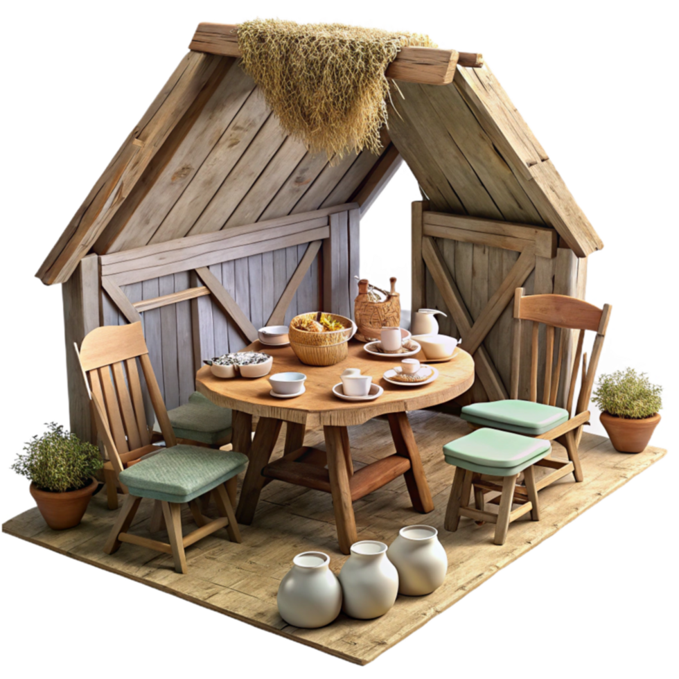 Rustic Wooden Table Setting in a Hayloft png