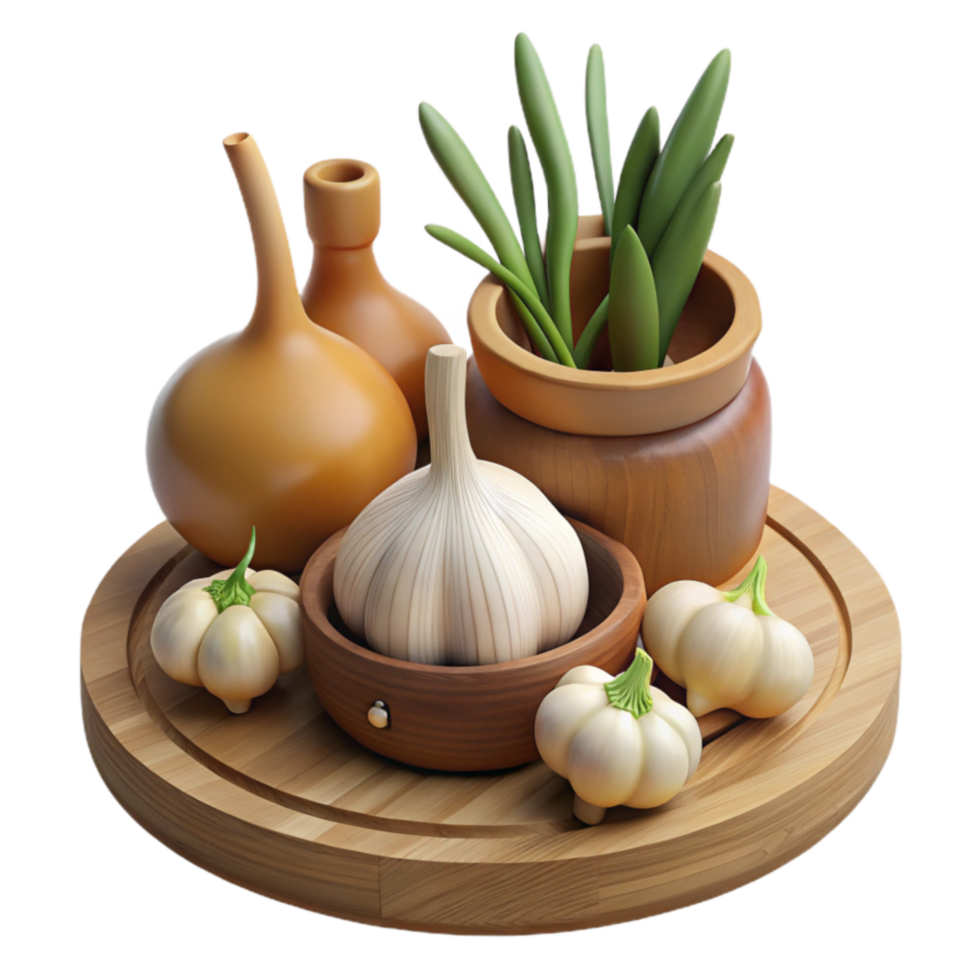Garlic, Herbs, and Wooden Bowls A Culinary Still Life png