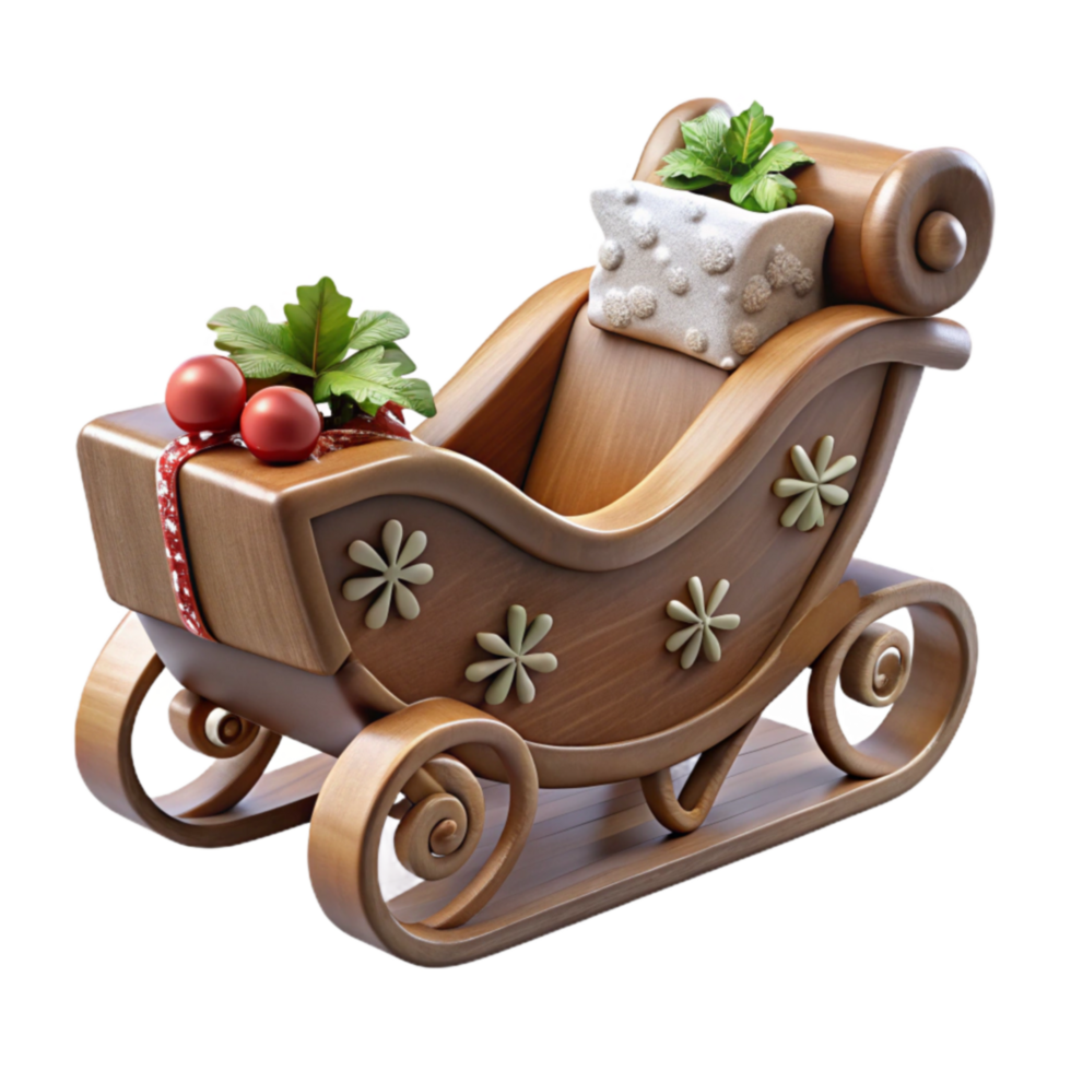Wooden Christmas Sleigh with Holly and Cushion png