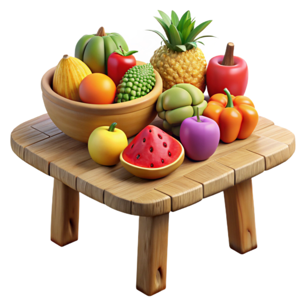 Wooden Table with Assorted Fruits and Vegetables png
