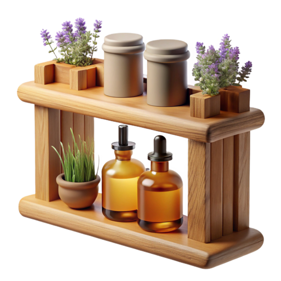 Wooden Shelf with Essential Oils and Herbs png