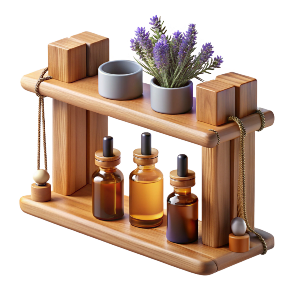 Wooden Shelf Display for Essential Oils and Herbs png