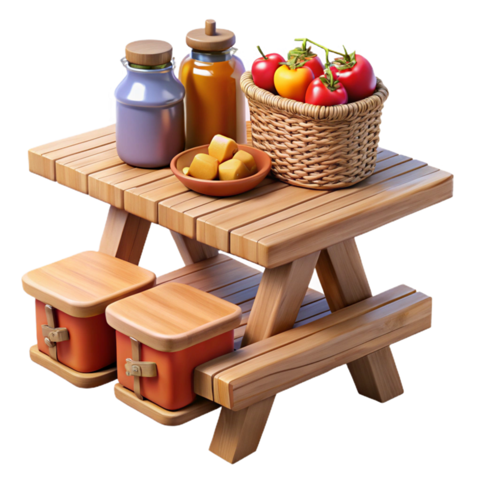 Wooden Picnic Table with Food and Drink png