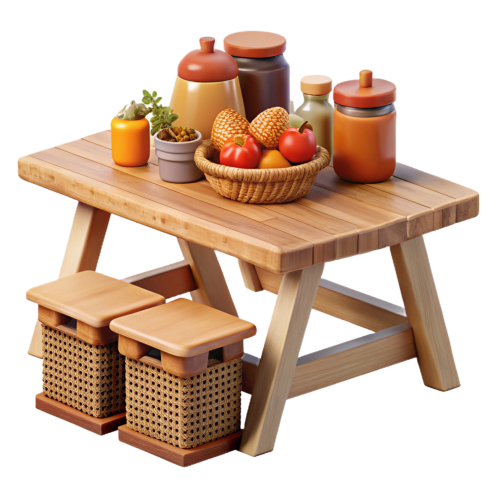 Wooden Picnic Table with Stools and Fruit png