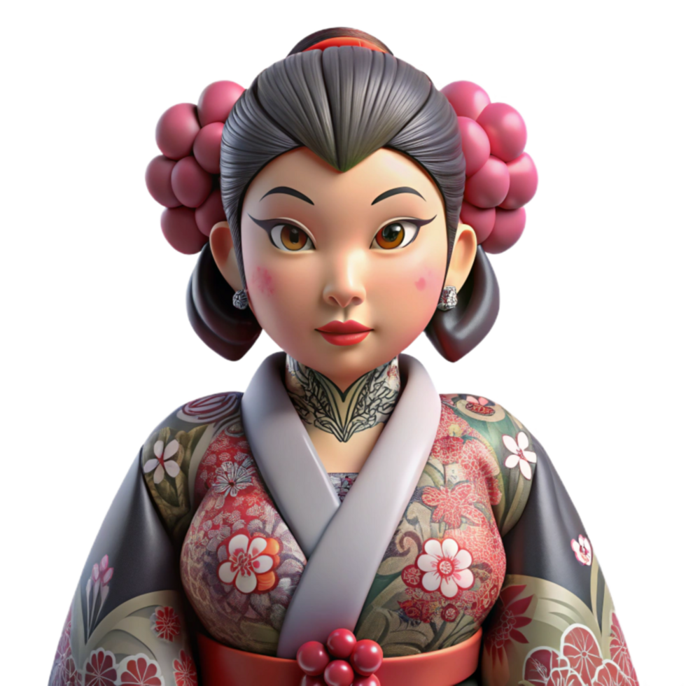 3D Render of Geisha in Floral Kimono png