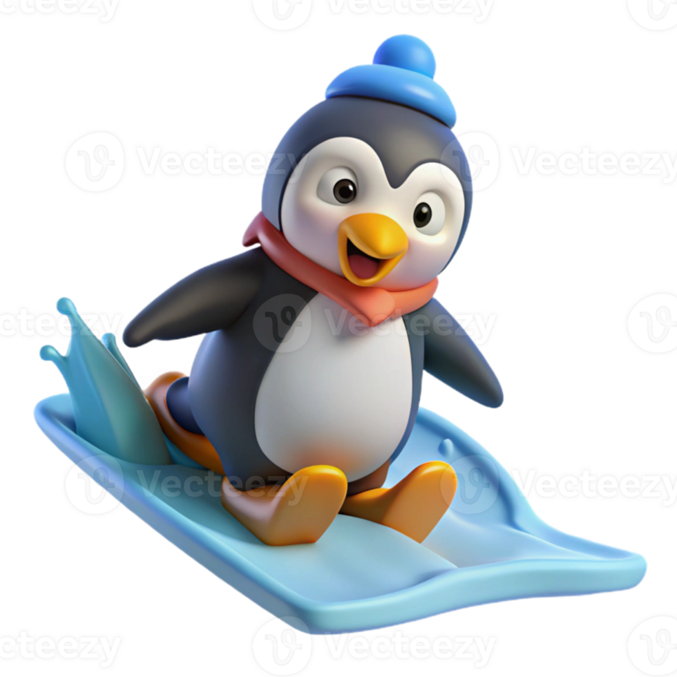 serene abstract Happy Penguin Snowboarding 3D Render original png