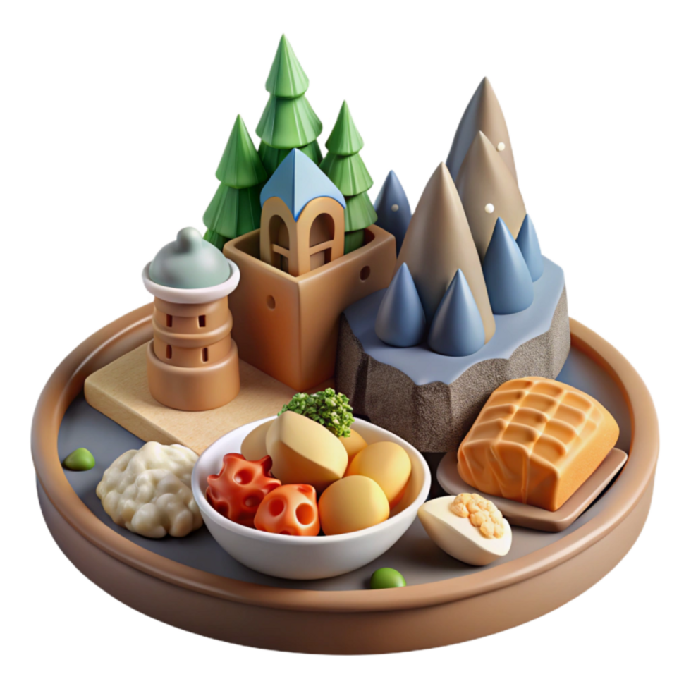 Whimsical Foodscape 3D Render of Mountain, Tower, and Tree Food Platter png