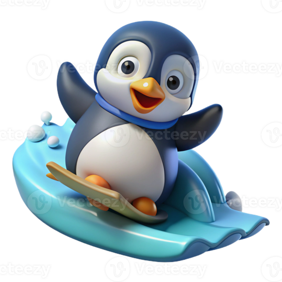 vibrant minimalist Joyful Penguin Surfing 3D Illustration exclusive png