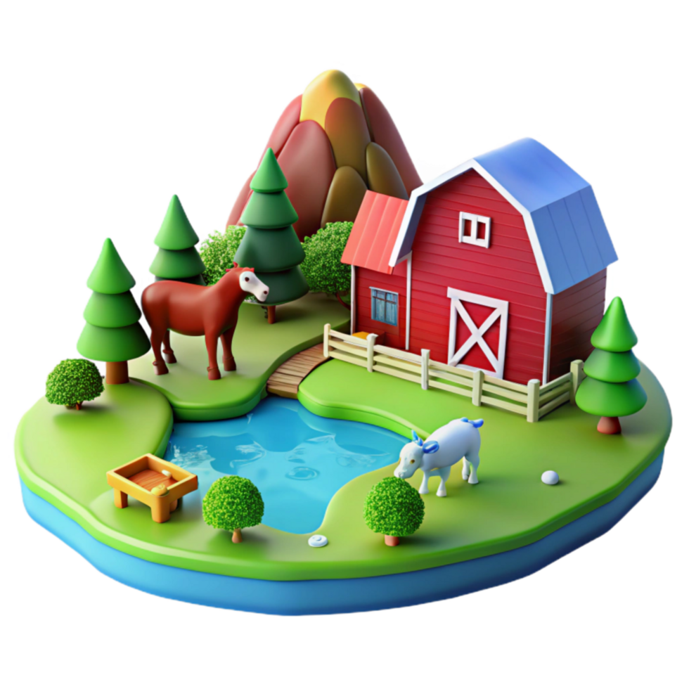 Farm Animal Scene 3D Render of Idyllic Rural Landscape png