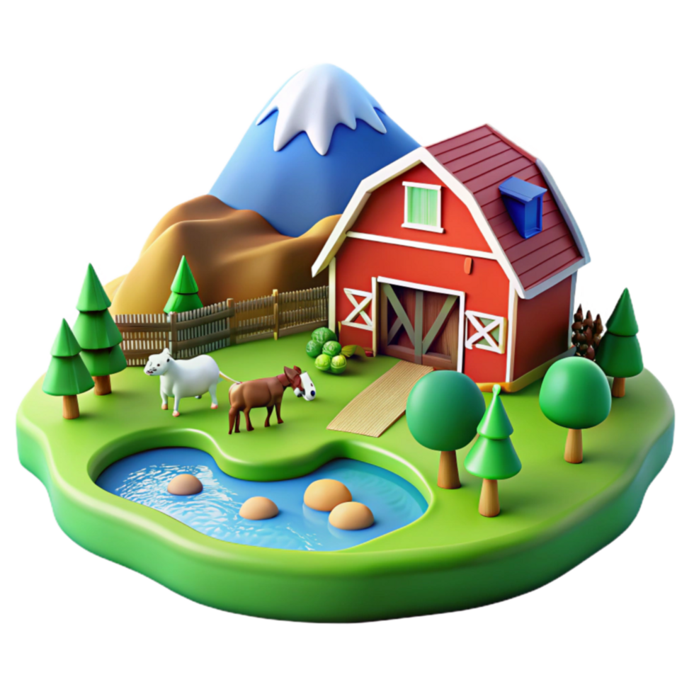 Farm Scene 3D Render of Rustic Barn, Animals Pond png