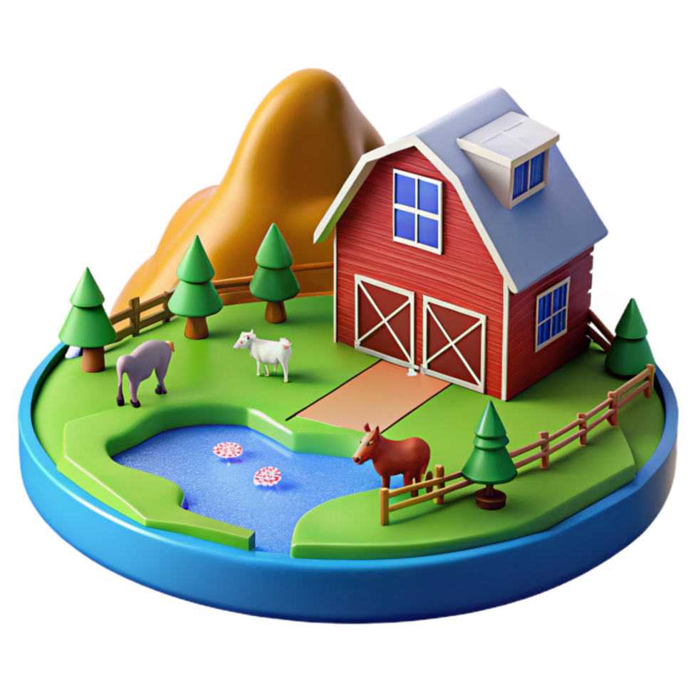Farm Animals, Red Barn, 3D Render, Rural Scene png