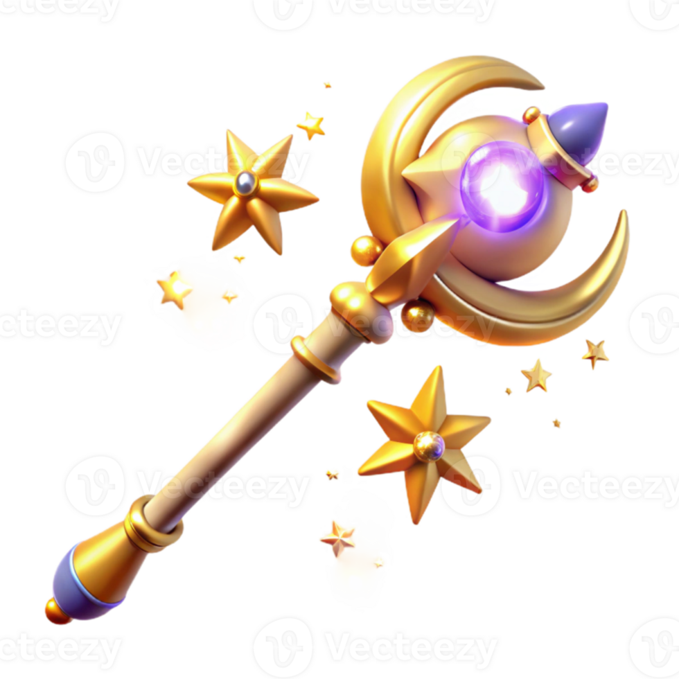 beautiful vintage Magical Golden Staff 3D Render detailed png