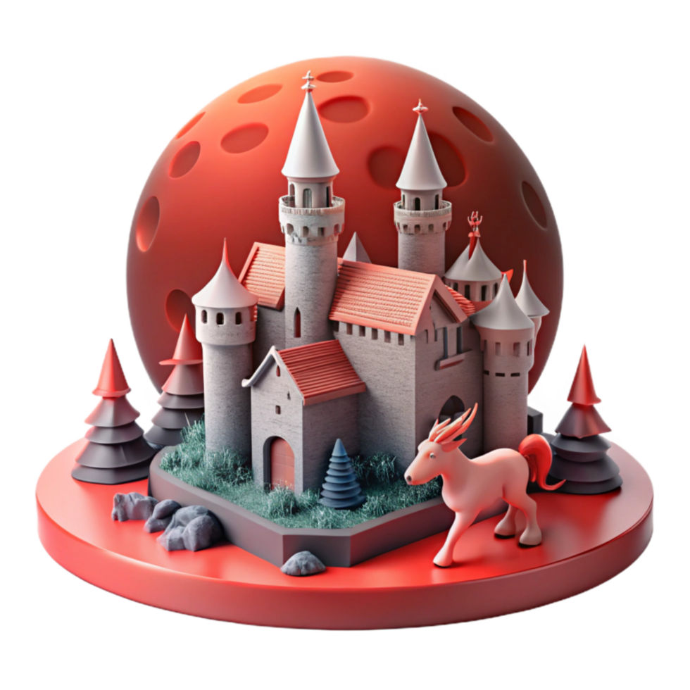 Fairytale Castle 3D Render Fantasy Architecture, Moonlit Scene png