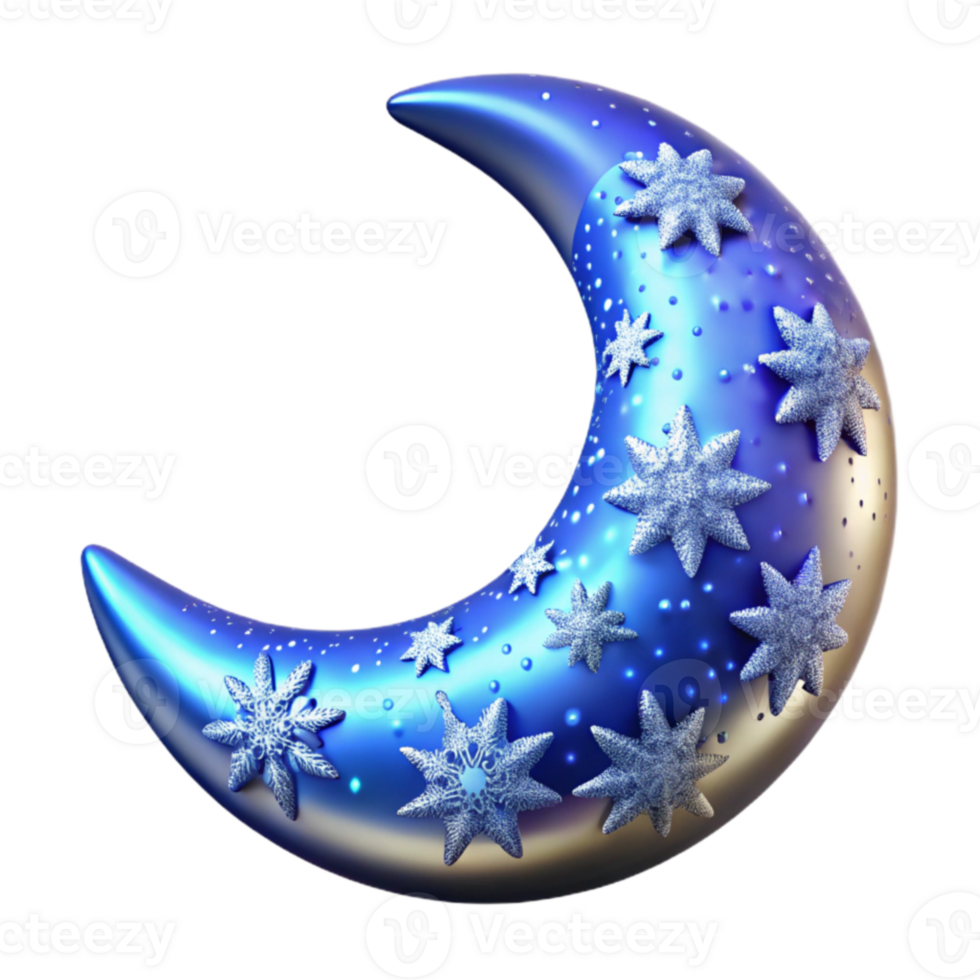 beautiful creative 3D Render Blue Crescent Moon with Snowflakes authentic png