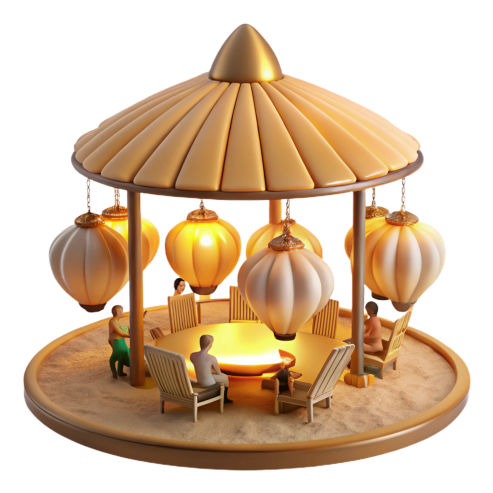 Serene Beach Gazebo with Illuminated Lanterns png