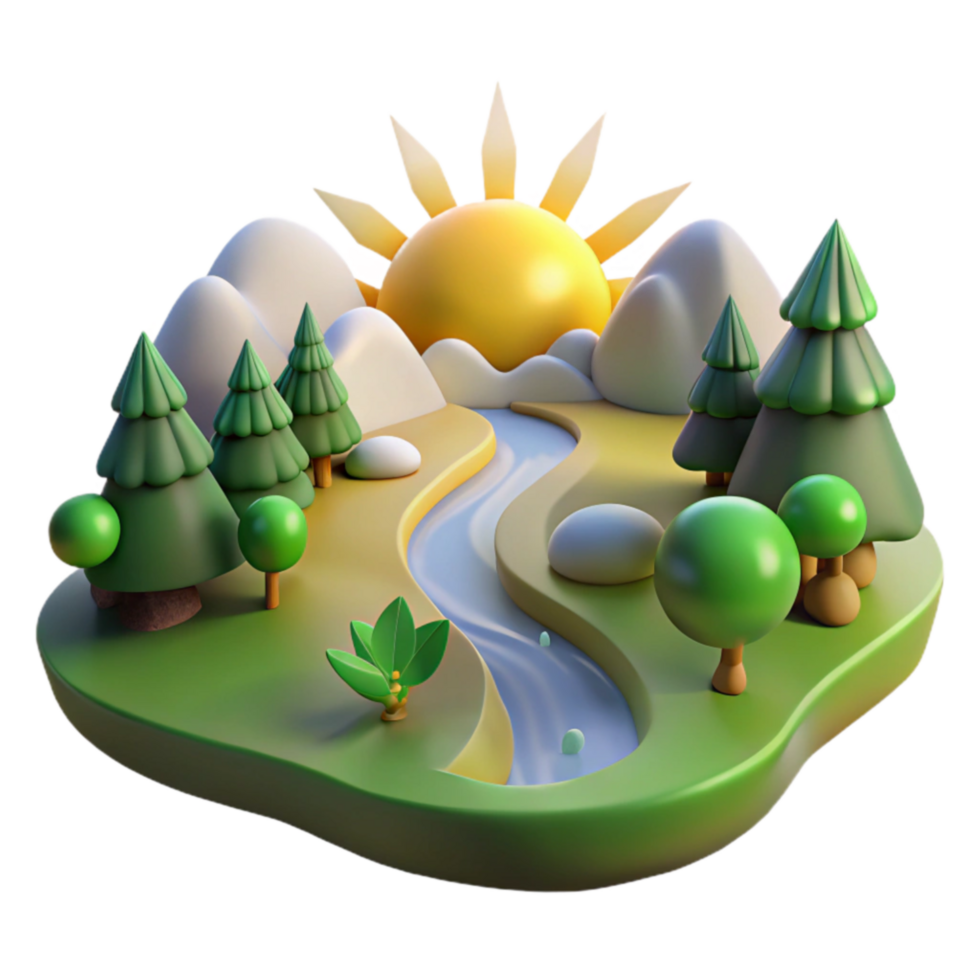 Sunrise Mountain River Landscape 3D Render png