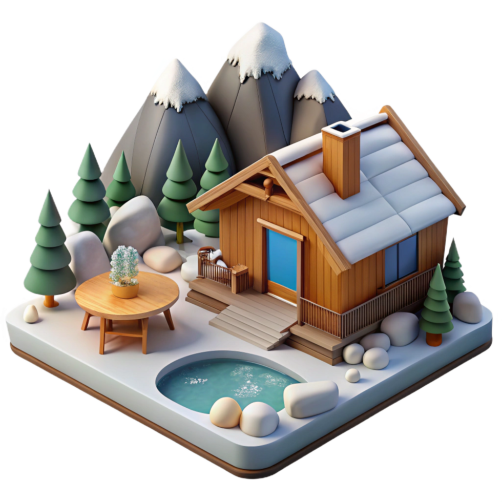Winter Cabin in Mountain Landscape 3D Render png