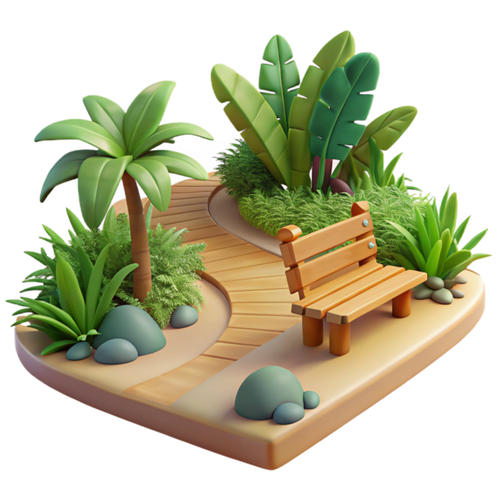 Serene Garden Path with Wooden Bench png