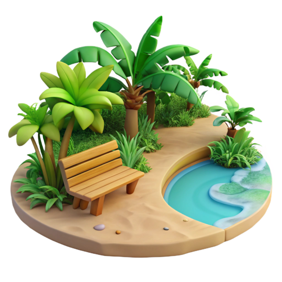 Tropical Oasis Bench, Pond, Palm Trees, Relaxing Island Scene png