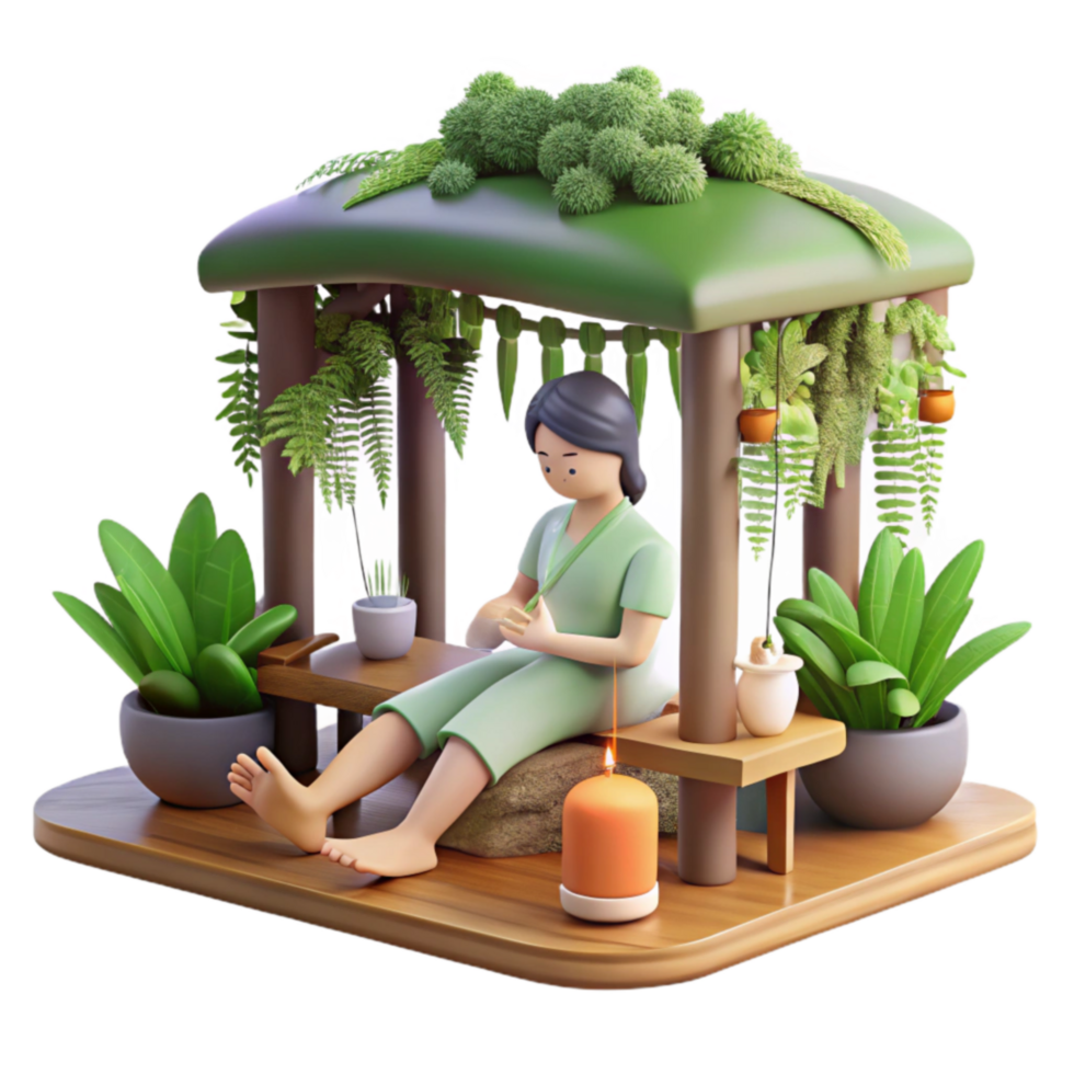 Tranquil Garden Relaxation 3D Render of Person Meditating png