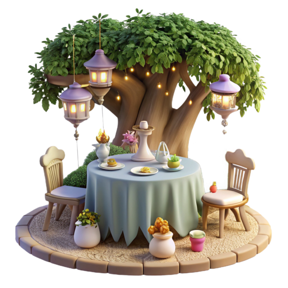 Enchanted Garden Tea Party Table Setting Under a Tree png