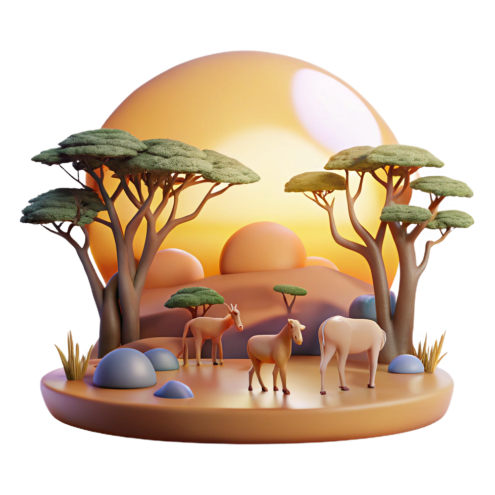 Sunset Savanna 3D Render of African Wildlife png