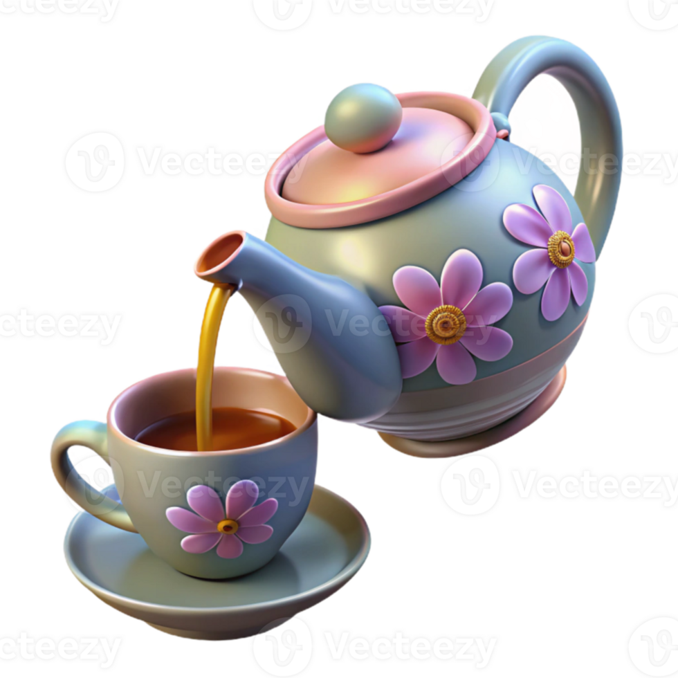 beautiful artistic 3D Render Floral Teapot Pouring Tea into Cup original png