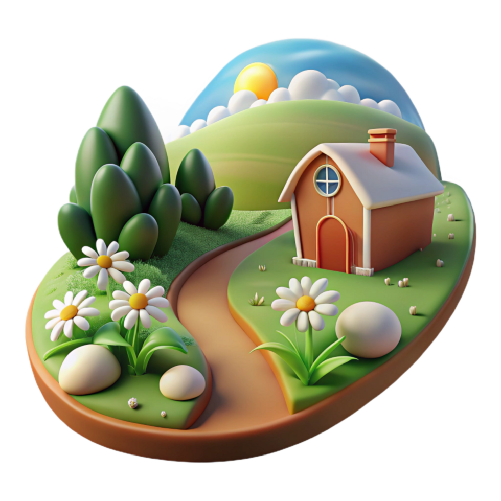 Cartoon Cottage on Hilltop 3D Render of Idyllic Landscape png