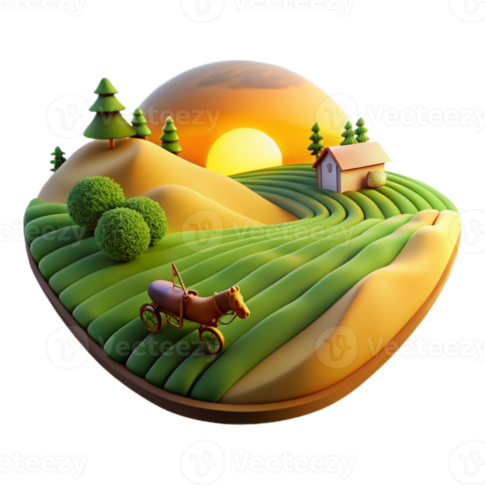 Sunset Farm Horse Cart, Rolling Hills, and Rural Scene png