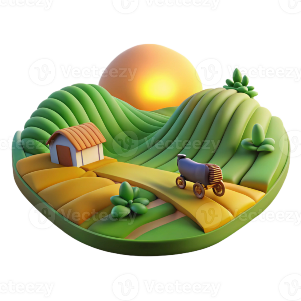 Sunset Farm Rural Landscape with Rolling Hills and Small House png