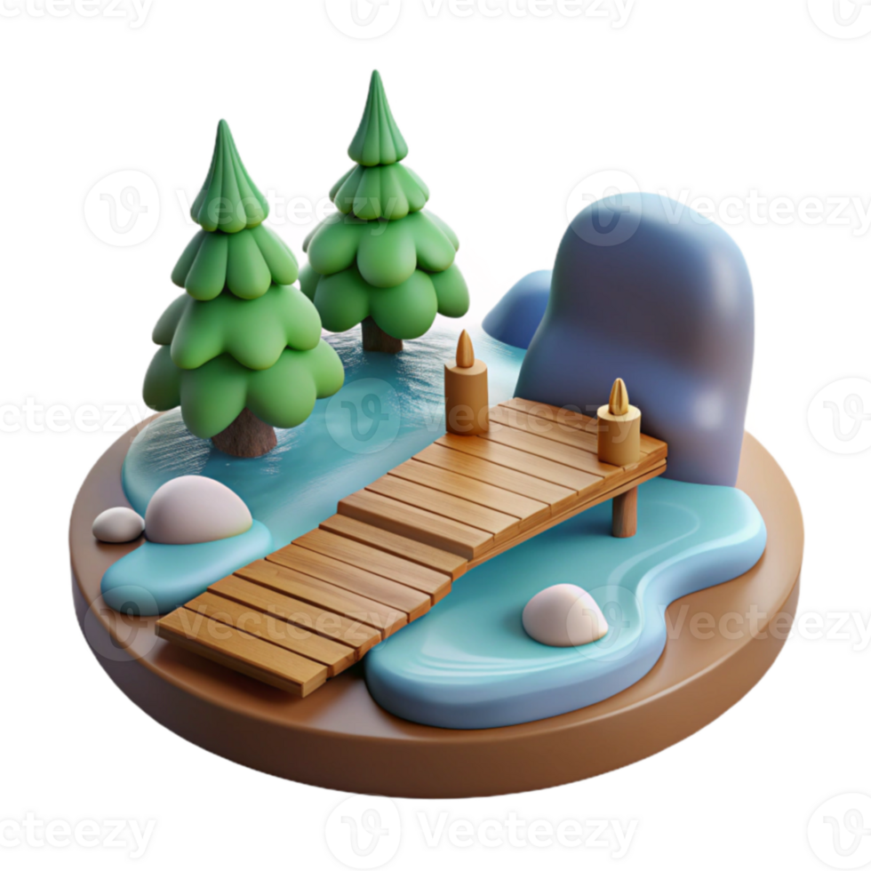 Serene 3D Render Wooden Bridge, Pine Trees, Pond png