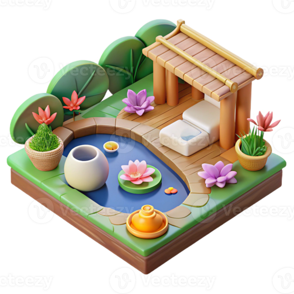 Serene Zen Garden 3D Render of Tranquil Pond and Pavilion png