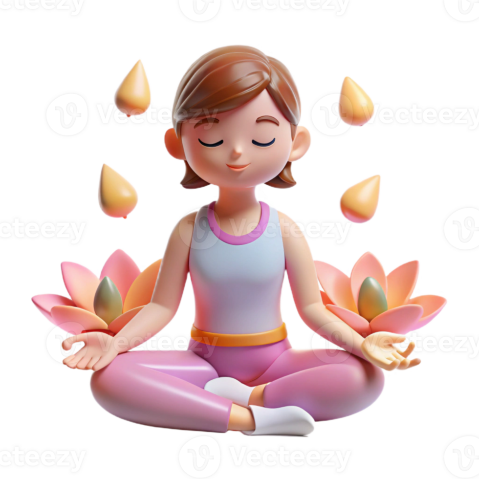 3D Render of Woman Meditating with Lotuses and Essential Oils png