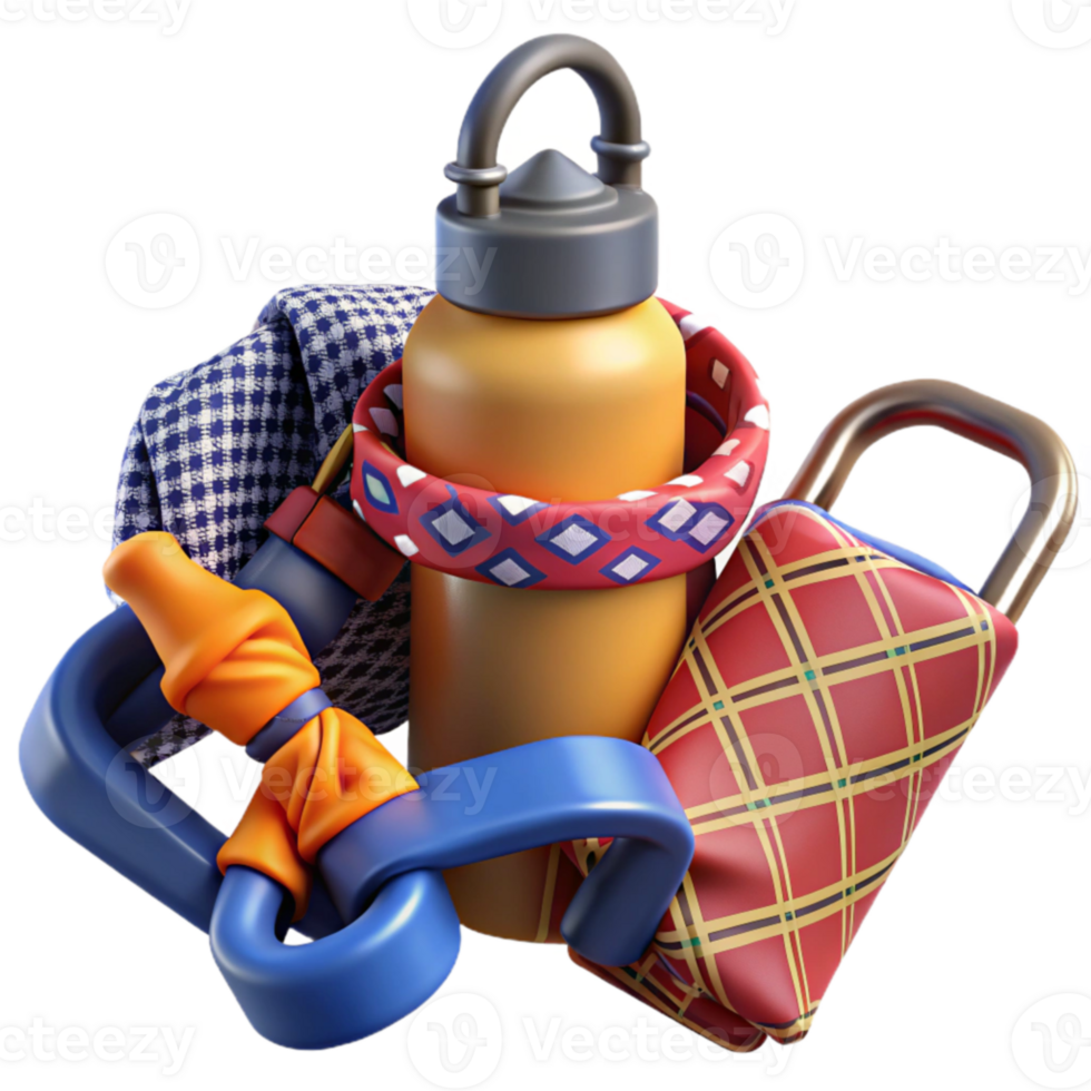 Stylish Travel Accessories Hydration Bottle, Carabiner, and Plaid Pouch png