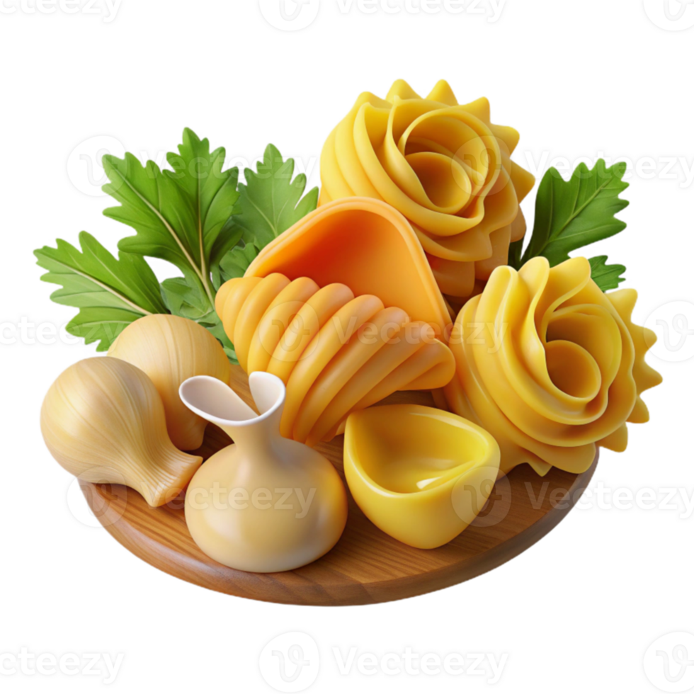Pasta Shapes, Garlic, and Herbs on Wooden Board png