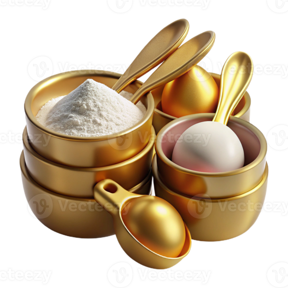Golden Bowls, Spoons, Flour, and Eggs Baking Ingredients png